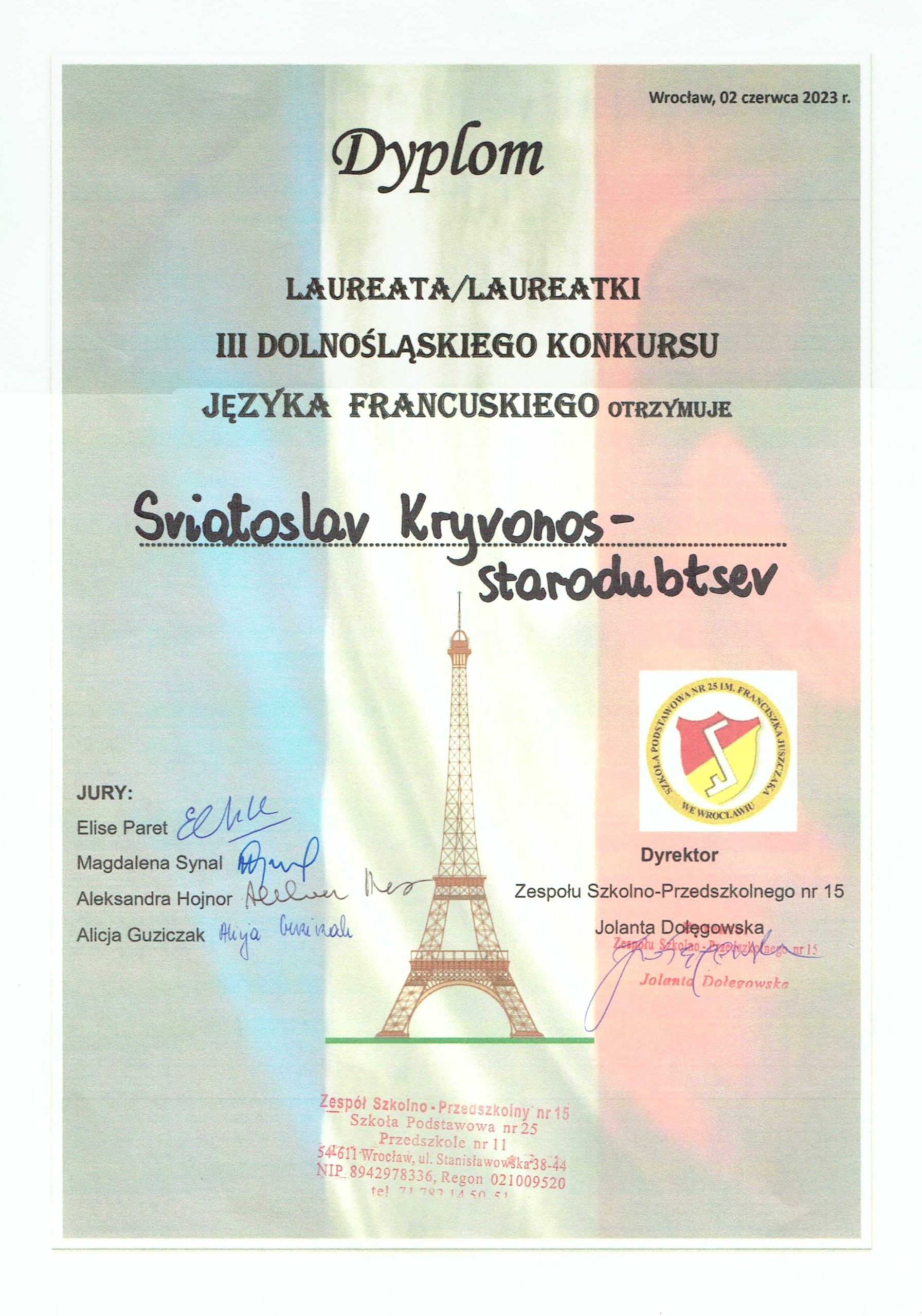 Sukces Sviatoslava w Dolnośląskim Konkursie Języka Francuskiego